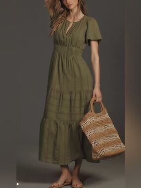Anthropologie NWT Somerset Tiered Maxi Dress Pockets in Moss Green Size XS NEW